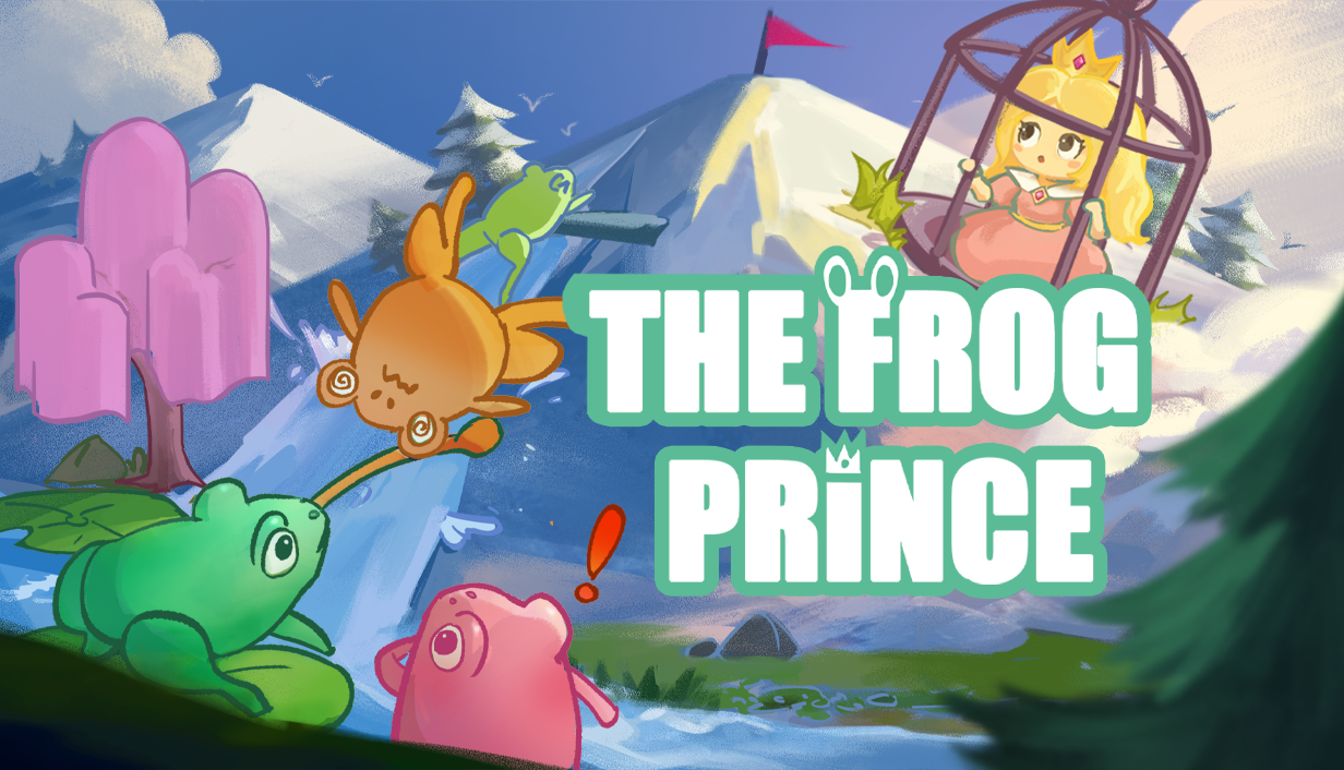 The Frog Prince 彩色封面：青蛙在雪山间跳跃，公主悬于高处