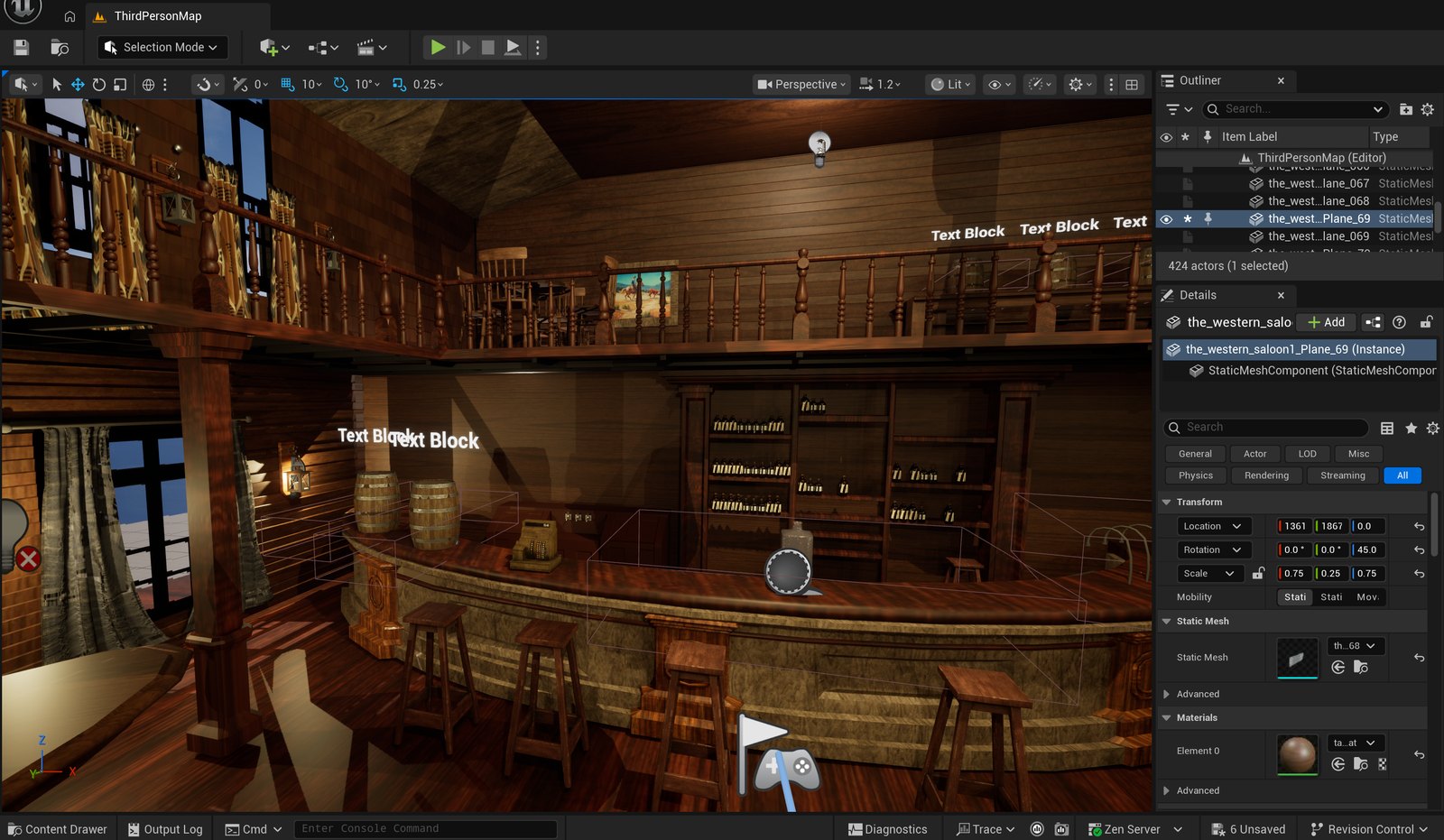 Saloon 酒馆场景在 Unreal Engine 编辑器中的搭建画面